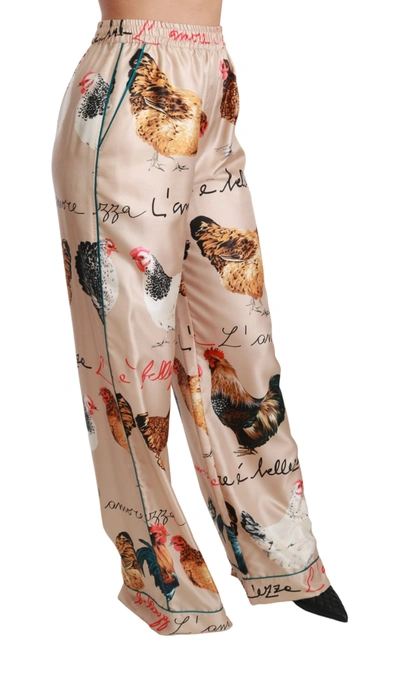 Shop Dolce & Gabbana Hen Chicken Silk Pajama Trouser Women's Pants In Beige