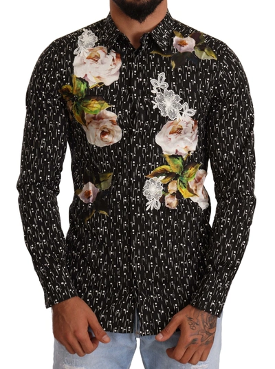 Shop Dolce & Gabbana Black Floral Brocade Cotton Men's Shirt