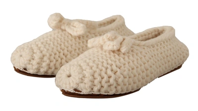 Dolce & Gabbana White Slip On Ballerina Flats Wool Knit Shoes In White