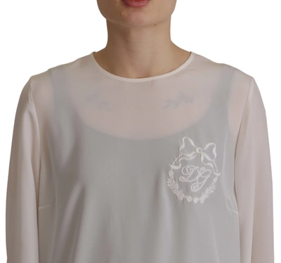 Shop Dolce & Gabbana White Silk Dg Logo Embroidered Long Sleeves Women's Blouse