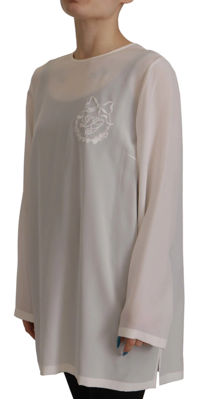 Shop Dolce & Gabbana White Silk Dg Logo Embroidered Long Sleeves Women's Blouse