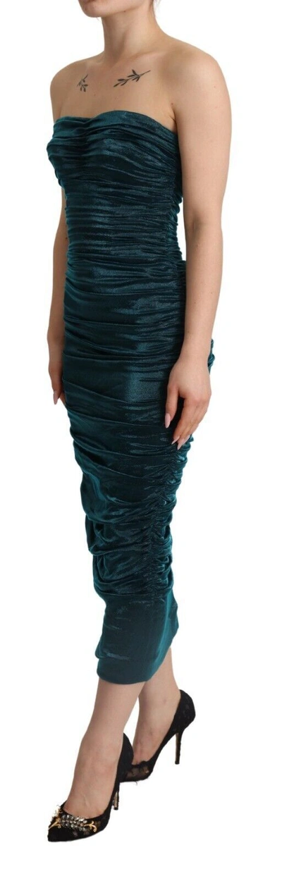 Shop Dolce & Gabbana Turquoise Bustier Bodice Draped Midi Women's Dress