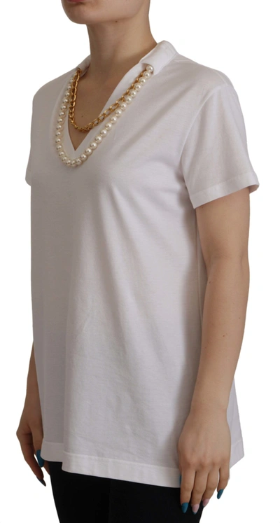 Shop Dolce & Gabbana White Necklace Embellished Neckline T-shirt Women's Top