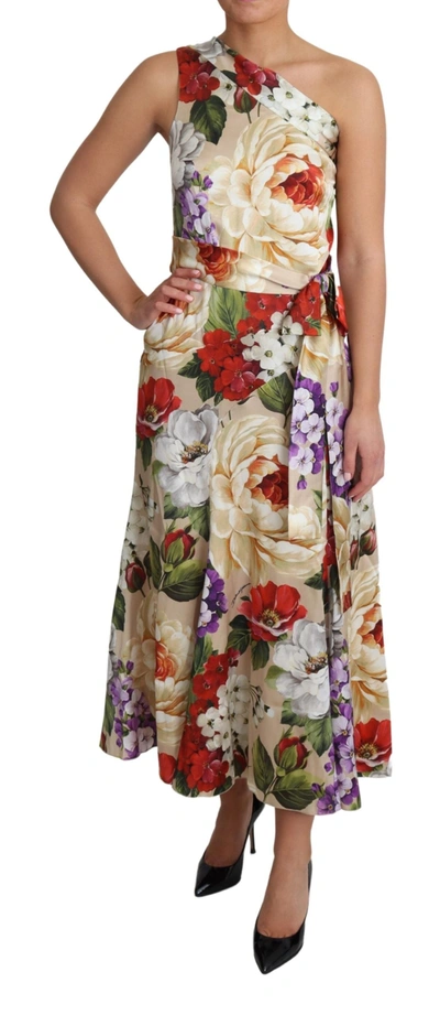 Dolce & Gabbana Print Silk Stretch One Shoulder Dress Floral In Multicolor
