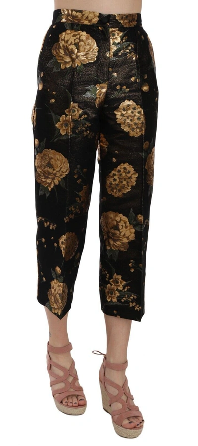 Shop Dolce & Gabbana Black Gold Floral Jacquard Cropped Women's Pants