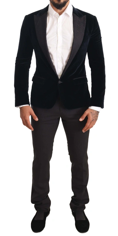 Shop Dolce & Gabbana Blue Velvet Cotton Slim Fit Smoking Men's Suit