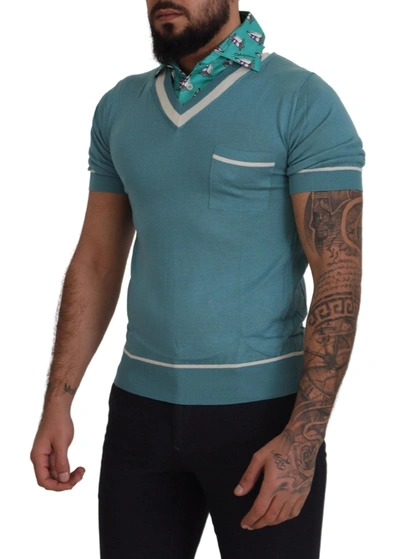 Shop Dolce & Gabbana Blue Silk Polo Top Mens V-neck  Men's T-shirt