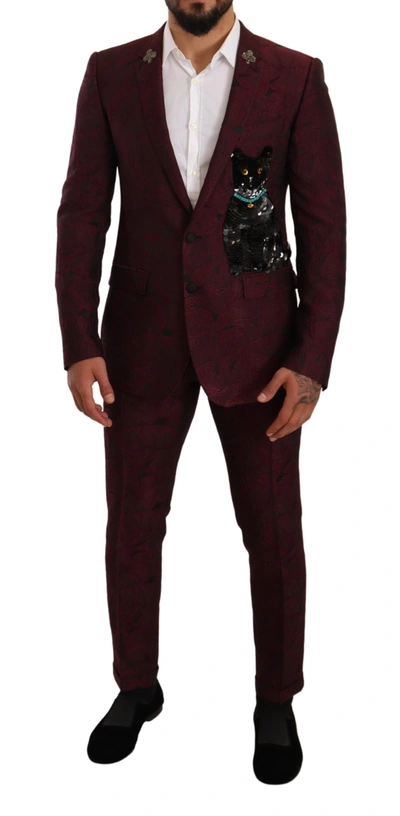 Shop Dolce & Gabbana Maroon Cat Sequin Martini 2 Piece Men's Suit In Maroon And Black