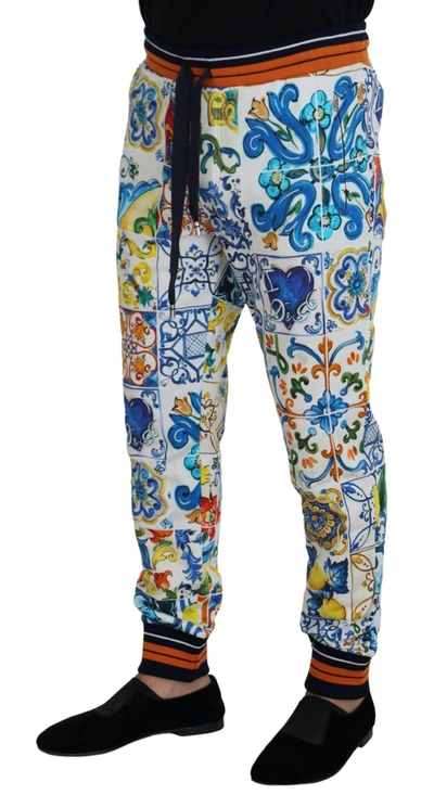 Shop Dolce & Gabbana Majolica Print Cotton Sport Men's Trousers In Multicolor