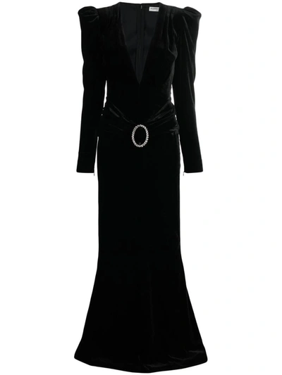 Shop Alessandra Rich Deep Neckline Velvet Long Dress In Black