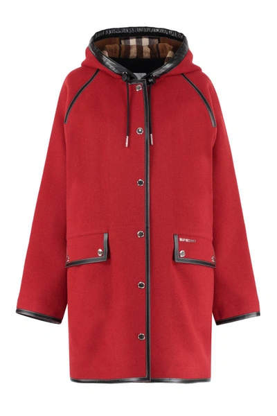 Shop Burberry Hooded Wool Coat In Red