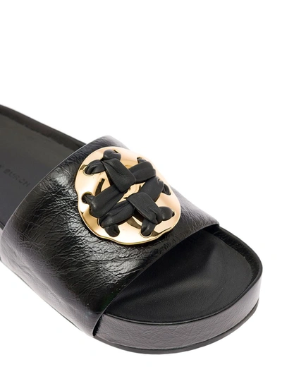 Shop Tory Burch Woven Platform Slides With Logo Plaque In Black Leather Woman