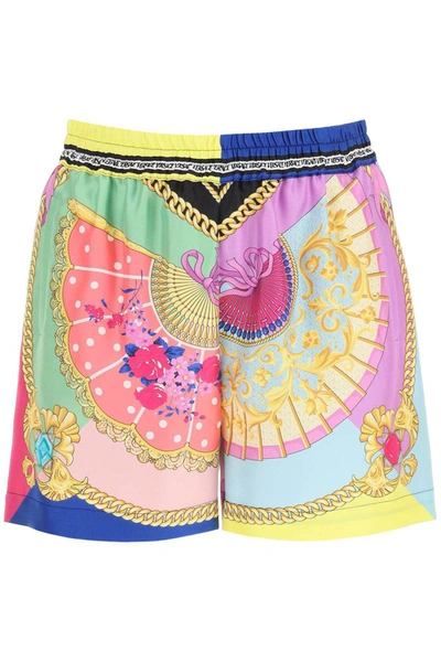 Shop Versace 'i Ventagli' Silk Shorts In Multicolor