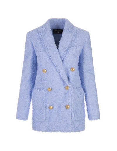 Shop Balmain Oversize Double Breasted Blazer In Tweed In Blue