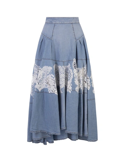 Shop Ermanno Scervino Denim Midi Skirt With White Lace Insert In Blue