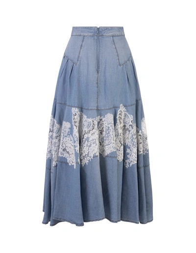 Shop Ermanno Scervino Denim Midi Skirt With White Lace Insert In Blue
