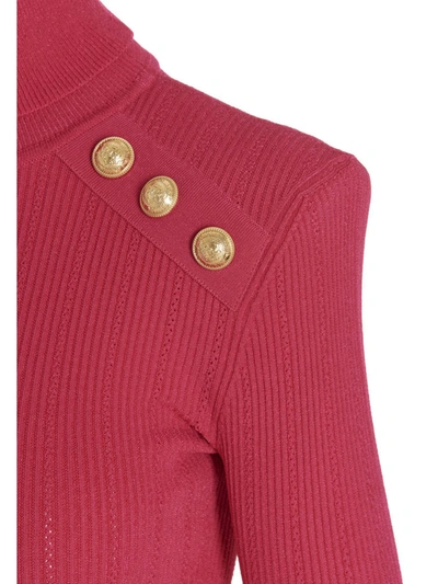 Shop Balmain Logo Button Ribbed Turtleneck Sweater In Fuchsia