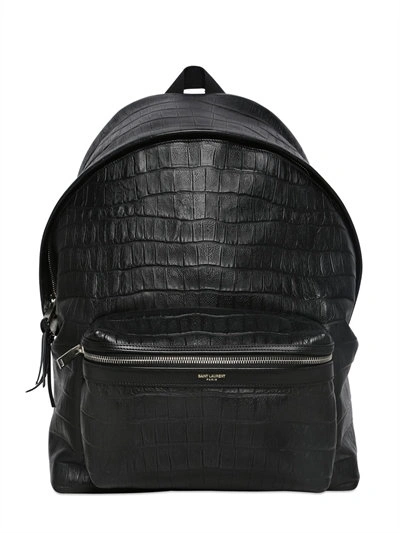 Saint Laurent Croc Embossed Leather Backpack, Black