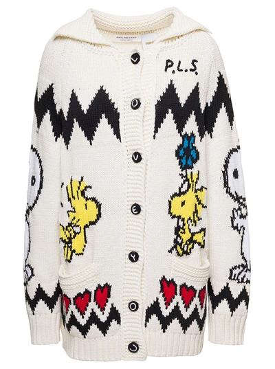 Shop Philosophy Di Lorenzo Serafini White Cardigan With Peanuts Intarsia Knit In Cotton And Cashmere Blend Woman