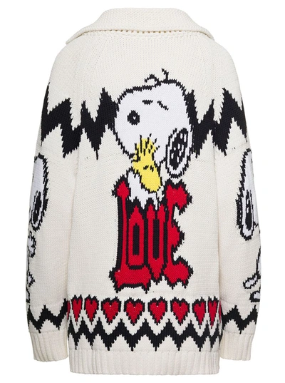 Shop Philosophy Di Lorenzo Serafini White Cardigan With Peanuts Intarsia Knit In Cotton And Cashmere Blend Woman