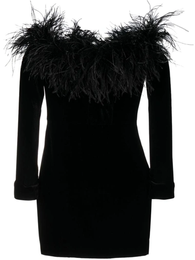 Shop Alessandra Rich Feather Detail Velvet Short Dress In Black