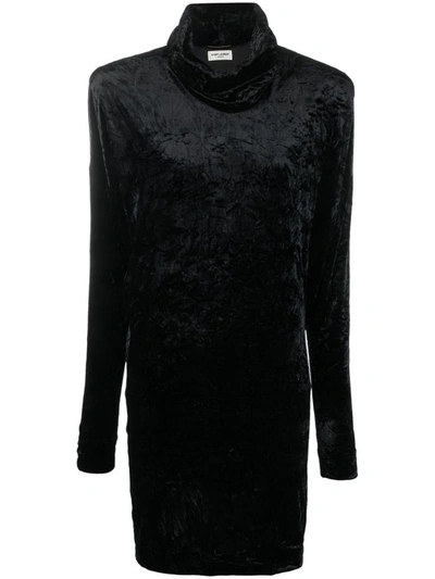 Shop Saint Laurent High Neck Velvet Sweater In Black