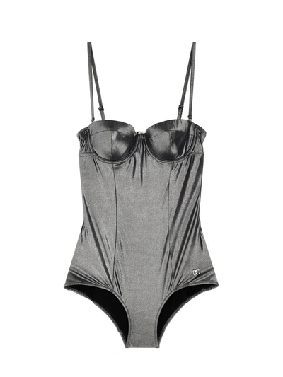 Shop Dolce & Gabbana Laminated One-piece Swimsuit In Silver