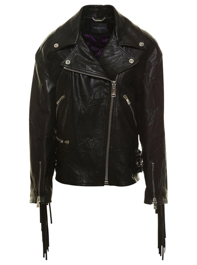 Shop Versace Black Bker Jacket With Fringes In Leather Woman