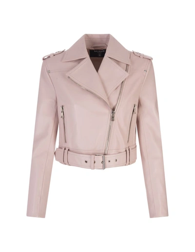 Shop Balmain Short Biker Jacket In Leather In Pink