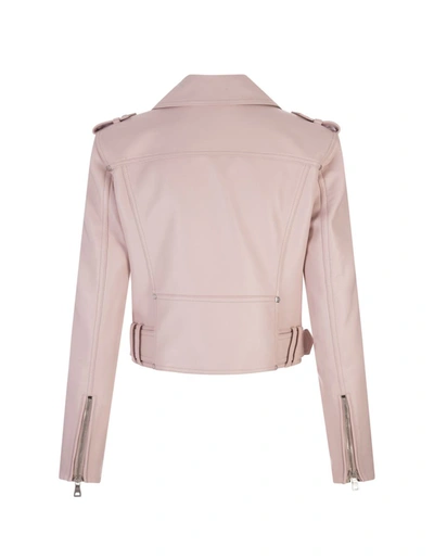 Shop Balmain Short Biker Jacket In Leather In Pink