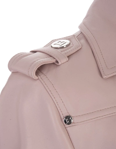 Shop Balmain Short Biker Jacket In Leather In Pink