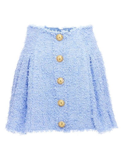 Shop Balmain Pleated Tweed Skirt In Light Blue