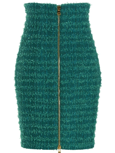 Shop Balmain Logo Button Tweed Skirt In Green