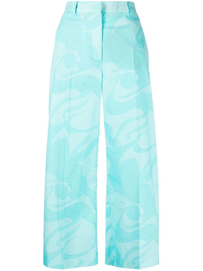 Shop Etro Printed Cotton Cropped Trousers In Clear Blue