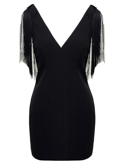 Shop Pinko 'favignana' Mini Black Dress With V Neckline And Decorative Fringes In Stretch Crêpe Woman