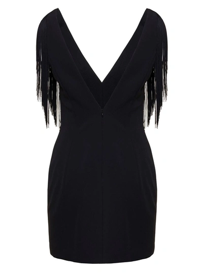 Shop Pinko 'favignana' Mini Black Dress With V Neckline And Decorative Fringes In Stretch Crêpe Woman