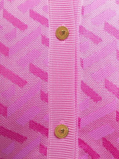 Shop Versace Pink La Greca Monogram Cardigan In Silk Blend Woman