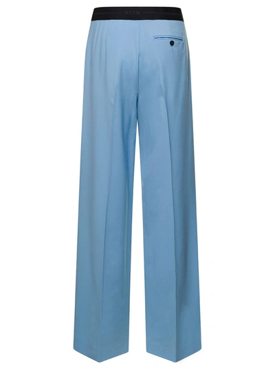 Shop Msgm Light Blue Wide Leg Trousers With Logo Waistband In Wool Woman