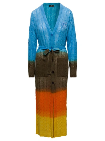 Shop Etro Multicolor Oversized Cable Knit Cardigan With Degradé Colour Shading In Wool Woman