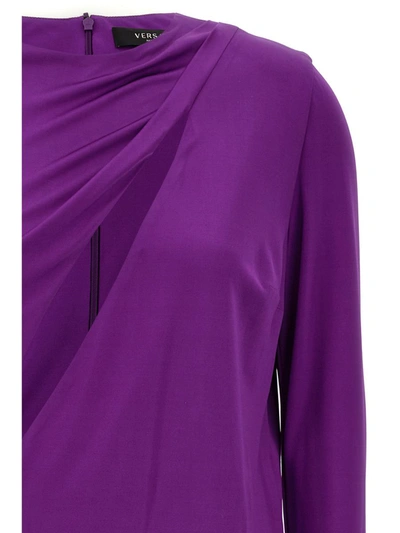 Shop Versace Cut Out Jersey Dress In Purple