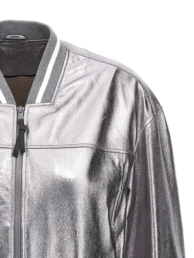 Shop Brunello Cucinelli Laminated Leather Bomber Jacket In Silver