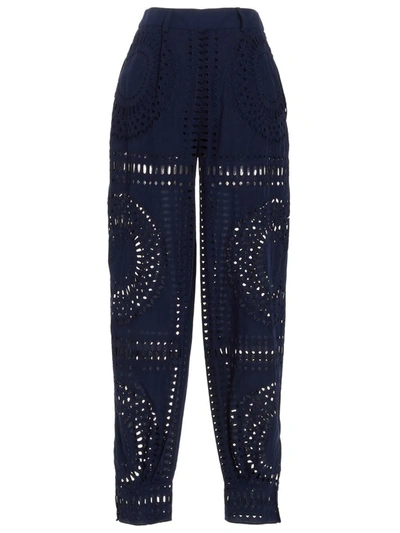 Shop Alberta Ferretti Embroidered Cotton Pants In Blue