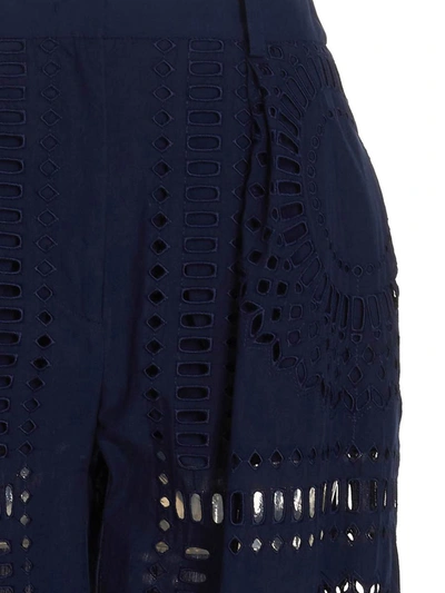 Shop Alberta Ferretti Embroidered Cotton Pants In Blue