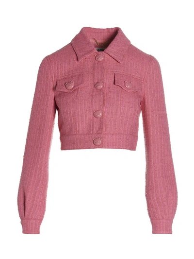 Shop Moschino Tweed Cropped Jacket In Fuchsia