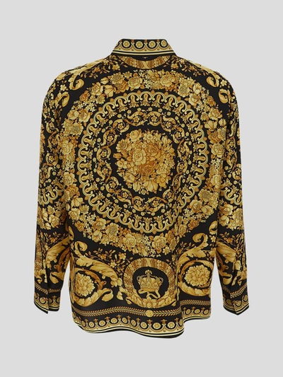 Shop Versace Shirts In <p> Shirt In Black Silk With Gold Baroque Print All-over