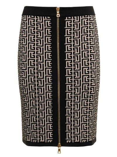 Shop Balmain Woman's Monogram Wool Pencil Skirt With Zip In Black