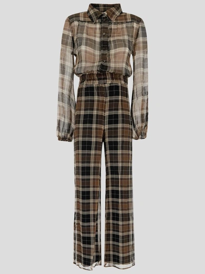 Shop Zamattio Zinnia Jumpsuit In <p> Jumpsuit In Brown Silk With Tartan Pattern And Long Sleeves