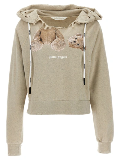 Shop Palm Angels 'ripped Pa Bear' Hoodie In Gray