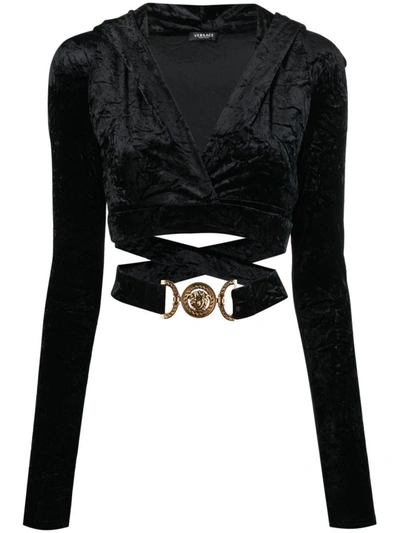 Shop Versace Cropped Hoodie Velvet Top In Black