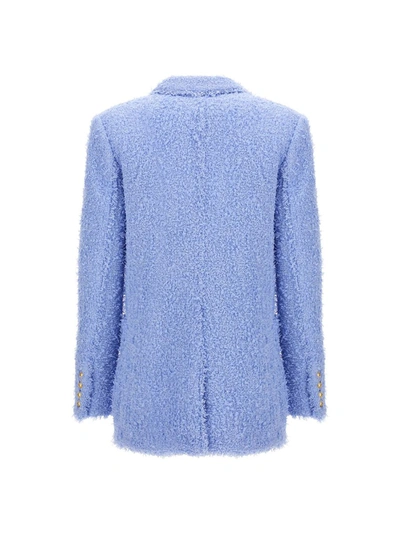 Shop Balmain Double Breast Tweed Blazer Jacket In Light Blue